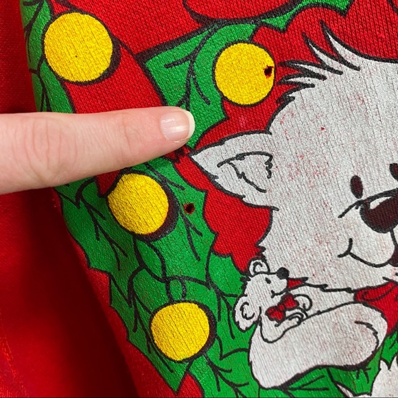 Vintage 80s Cat Christmas Red Crew Neck Sweatshirt - Picture 5 of 12